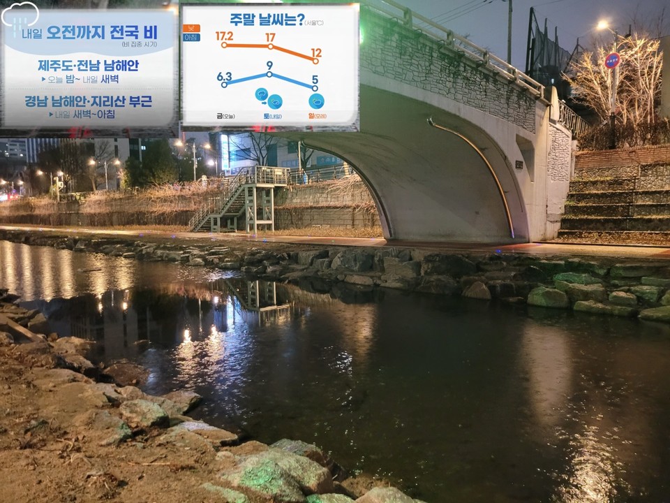서울 늦은 밤에 비가 오고있는 모습