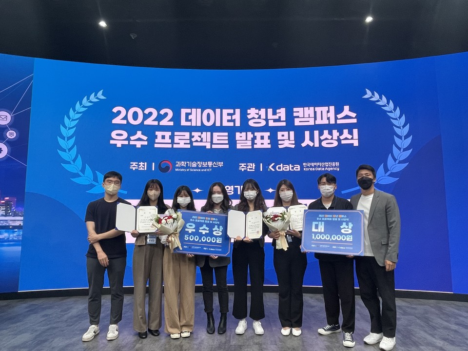 한남대학교 빅데이터응용학과 학생들이 한국데이터산업진흥원이 주관한 ‘2022 데이터 청년 캠퍼스’에서 과학기술정보통신부 장관상 및 한국데이터산업협회장상을 수상했다.(사진=한남대학교)