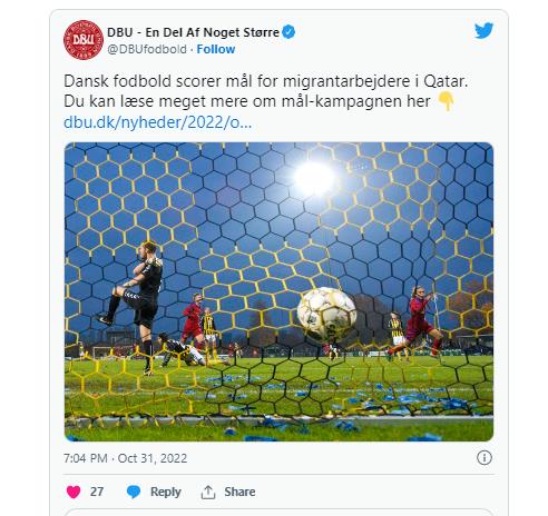 사진: 월드컵 개최를 앞둔 카타르의 인권 문제와 이주노동자의 처우 개선을 위한 목소리를 지속해서 내온 덴마크축구협회(DBU)가 다시 행동에 나섰다.  덴마크축구협회는 10월 31일(이하 현지시간) 홈페이지에 "11월에 덴마크에서 열리는 축구 경기 중 득점 시마다 카타르 이주노동자들을 위한 기부금을 적립하기로 했다"고 밝혔다.[카타르 이주노동자를 위한 기부금 마련 계획을 밝힌 덴마크축구협회.]