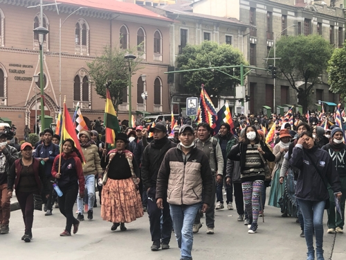 "원주민 정체성 존중해달라" = 14일(현지시간) 볼리비아 수도 라파스에서 원주민들을 중심으로 한 모랄레스 지지자들이 시위를 벌이고 있다. 2019.11.15
