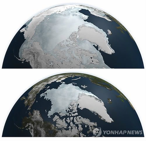 미국항공우주국(NASA) 위성을 통해 관측한 북극의 겨울과 여름의 얼음 차이. 사진은 겨울의 마지막인 2011년 3월과 여름의 마지막인 같은 해 9월의 풍경.