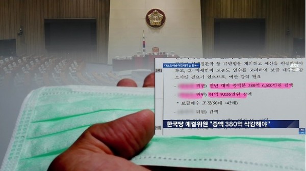 사진: JTBC가 일부 공개한 예결위 비공개 자료를 보면 한국당 예결위원은 취약층 마스크 예산 증액 380억을 삭감해야 한다고 주장했다. ⓒJTBC 화면 갈무리