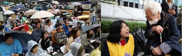 일본군 성노예제 문제해결을 위한 제1407차 정기 수요 시위가 열린 지난 2019년 10월 2일 오후 서울 종로구 옛 일본대사관 앞에서 이옥선(오른쪽) 할머니와 윤미향 정의연대 이사장이 웃으면서 담소하고 있다. 사진/페이스북 갈무리