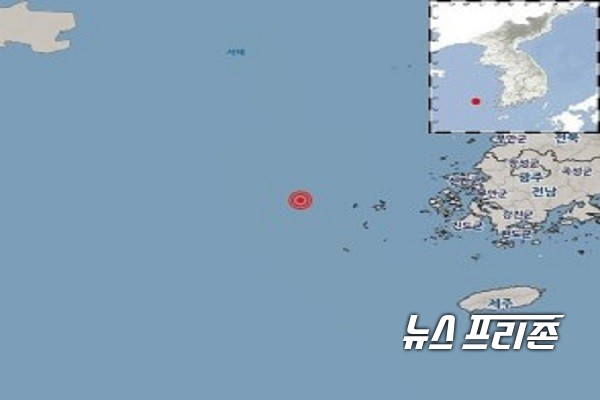 전남 신안군 흑산도 서쪽 73㎞ 해역에서도 7일 오전 2시 7분경 규모 2.1의 지진이 발생했다(신안군 지진 발생 해역)/ⓒ기상청 제공