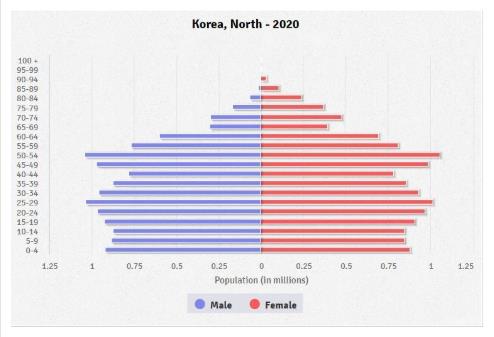 북한 인구구조미국 중앙정보국(CIA)이 추산한 2020년 북한 인구 구조 [CIA 팩트북 캡처]