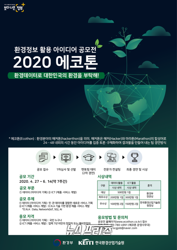 환경부와 환경산업기술원은 2020 에코톤 환경정보 ICT 아이디어․활용 공모전의 참가자를 6월 14일까지 모집한다고 밝혔다.
