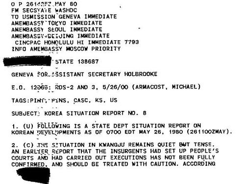 미국 국무부가 5·18 당시 생산한 '한국 상황 보고 제8호(Korea Situation Report No. 8, 05/26/1980)'(사진=U.S. Department of State - Freedom of Information Act)