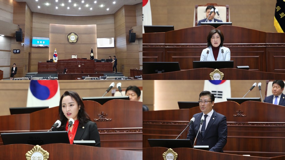 왼쪽부터 시계 방향으로 천안시의회 본회의장, 안미희 의원, 복아영 의원, 배성민 의원./ⓒ김형태 기자