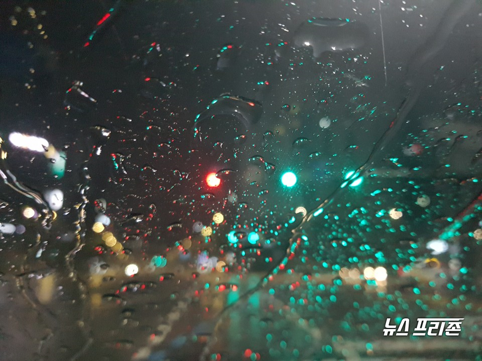 사진: 서울 종로거리의모습 비로 인하여 앞이 구분이 어렵다 ⓒ 김소영 기자