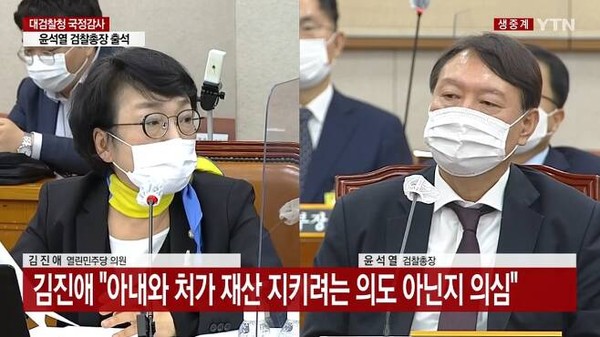 22일 국회에서 열린 대검 국정감사에서 김진애 열린민주당 의원이 윤 총장에게 질의하고 있다. 사진/YTN