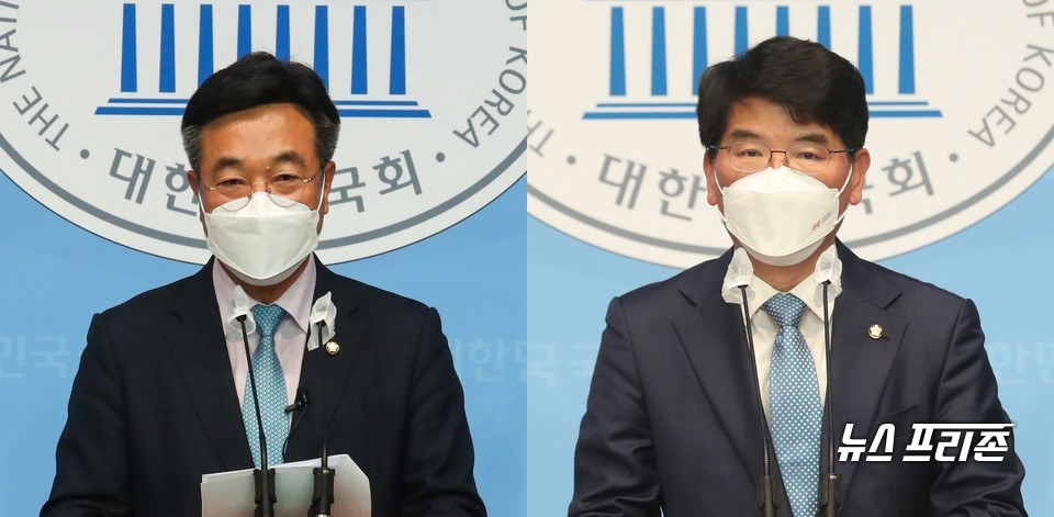 더불어민주당 원내대표 경선에 출마한 윤호중 의원(왼쪽)과 박완주 의원. Ⓒ연합뉴스
