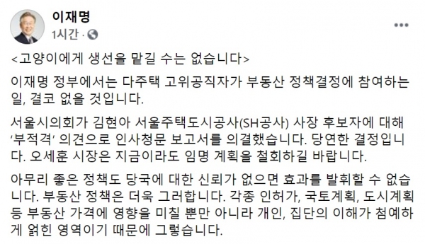 이재명 경기도지사 29일 페이스북 일부 갈무리