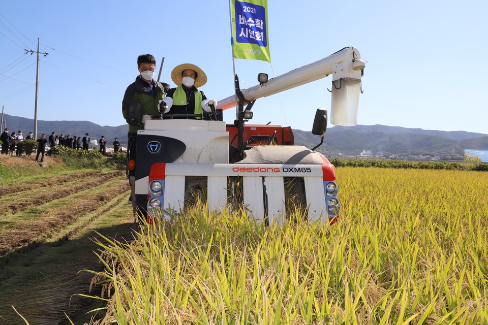 이성희 농협중앙회장은 18일 충남 만세보령통합RPC 관내 벼 수확현장을 방문, 쌀 수확기 대책을 밝히고 산지의견을 청취했다.(사진=충남세종농협)