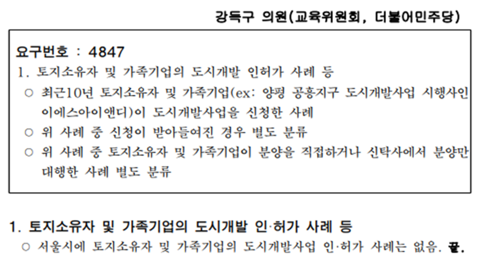 강득구 의원의 질의에 대한 서울시 답변자료 일부. (제공=강득구의원실)