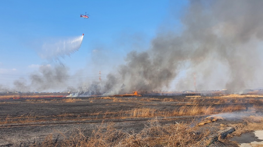 지난 1월 31일 아산시 선장면에서 부주의로 발생한 갈대밭 화재 현장.(사진=충남도청)