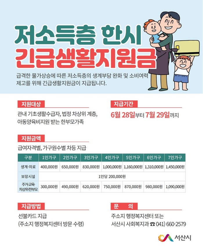 저소득층 한시 긴급생활지원금 홍보 전단.(자료=서산시청)