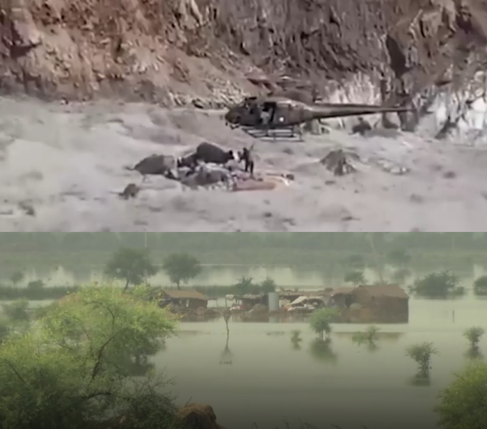파키스탄의 대 홍수로 집이 떠내려가고 마을이 물에 잠겼다.