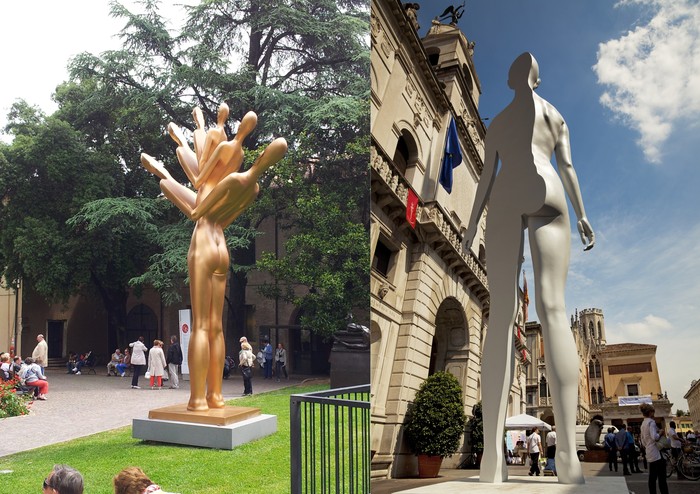 김영원 작가 작품 ‘그림자의 그림자’(꽃이 피다-왼쪽)와 이태리 파도바시청 광장. ⓒ김해시
