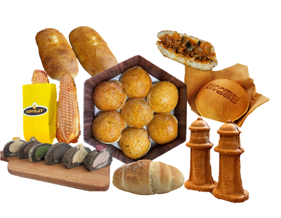 여수 특화빵 5총사 가운데 갓버터도나스, 좌측 상단부터 시계방향으로 옥수수 치아바타, 삼합빵, 하멜등대빵, 옥수수소금빵, 몽돌크림빵, 옥수수빵