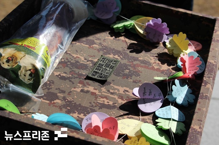 대한민국 육군 제2작전사령부 제32보병사단은 지난 2019년 청주 지역에서 실종된 여중생을 구해 국민군견으로 불린 군견 달관이의 10여 년 임무수행에 대한 노고 격려와 함께 은퇴를 기념하기 위한 특별한 행사를 가졌다. 위 사진은 전우들이 소원하는 꽃목걸이 등 퇴임선물임.(사진=이기종 기자)