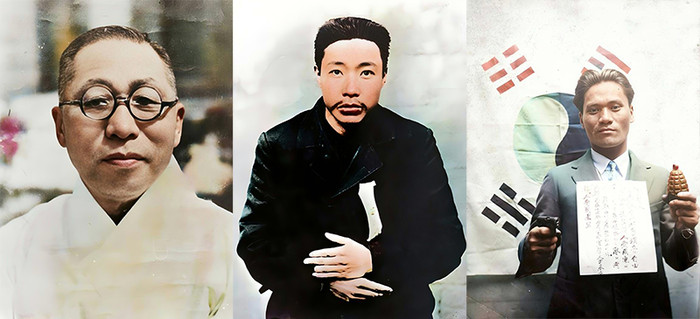 인공지능 기술을 통해 흑백사진에서 색채사진으로 복원된 김구 선생(가장 왼쪽)과 안중근 의사, 윤봉길 의사. (사진=국가보훈처)