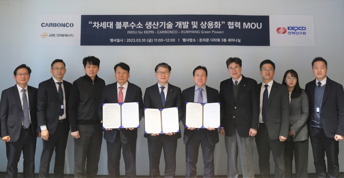 카본코와 한국전력공사 전력연구원, 금양그린파워 관계자들이 '차세대 블루수소 생산기술 개발 및 상용화'를 위한 양해각서(MOU)를 체결했다. (사진=DL이앤씨)