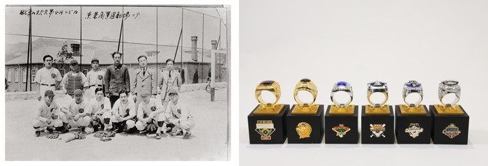(왼쪽부터) 박승직 상점 야구부 단체사진, 두산베어스 역대 우승 기념반지 (자료=두산그룹)