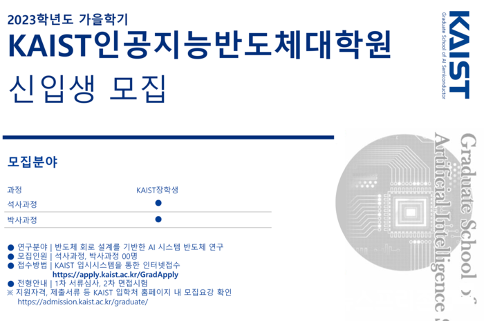 한국과학기술원(KAIST)은 인공지능반도체 대학원을 설립해 석·박사과정 신입생을 모집하고 있다.(자료=카이스트)