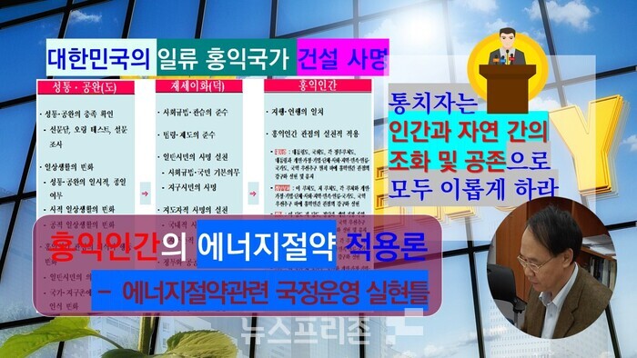 홍익인간 사상은 인간과 자연 간의 조화 및 공존 지향의 사상으로 에너지절약 분야를 포함한 환경이념에도 적용이 가능하다.