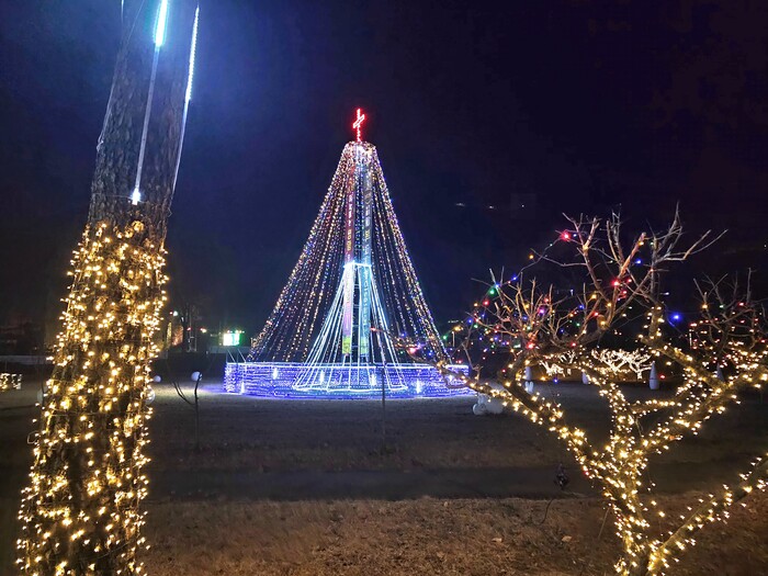 의령군 국민체육센터 열림마당 불 발힌 성탄트리.(사진=의령군)