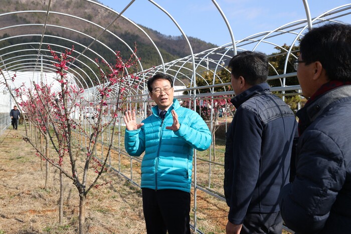 (강진원 군수가 축제 현장을 돌며 일일이 돌며 개선 사항을 살피고 있다. 사진=강진군)