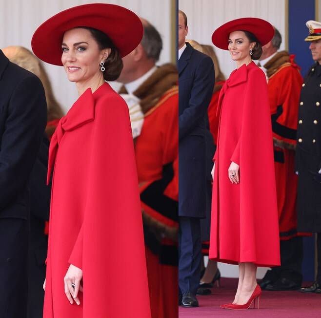 하이힐에 빨간색 원피스 차림의 영국 왕세손빈인 케이트 미들턴