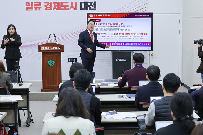 20일 대전시청 시정브리핑에서 이장우 시장이 대전투자금융㈜ 설립 계획에 대해 설명하고 있다.(사진=대전시)