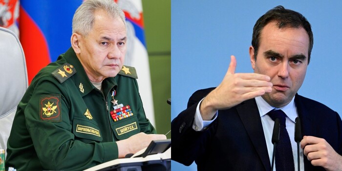 세르게이 쇼이구 러 국방장관(왼쪽)과 세바스티앙 르코르뉘 프랑스 국방장관(사진=AFP, 연합뉴스)