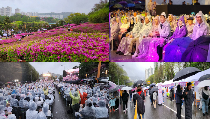 (사진 위 왼쪽부터 시계방향) 철쭉동산, 박수치는 하은호 군포시장, 차없는 도로 푸드트럭을 찾은 관광객들, 개막식을 찾은 수많은 시민과 관람객들 모습 (사진=김현무 기자)