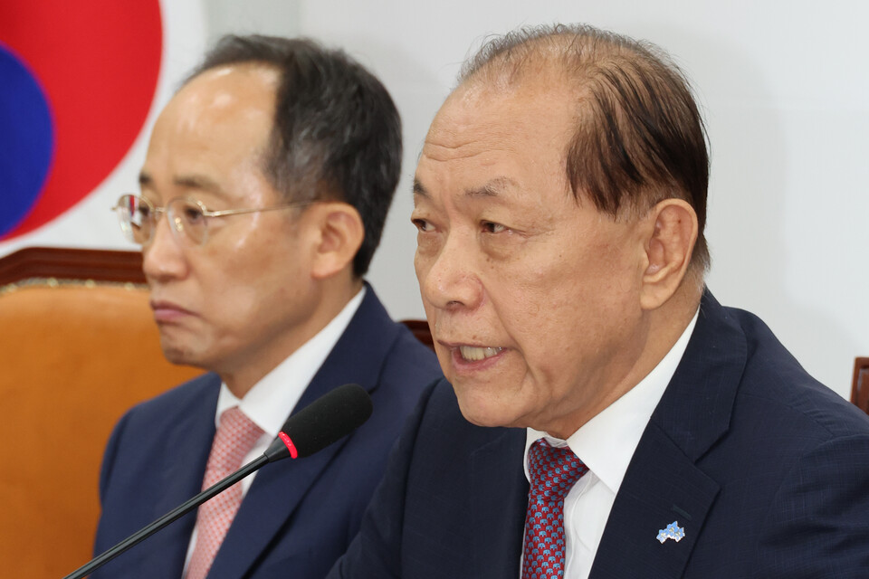 황우여 국민의힘 비상대책위원장이 27일 오전 서울 여의도 국회에서 열린 비상대책위원회의에서 발언하고 있다. (사진=연합뉴스)