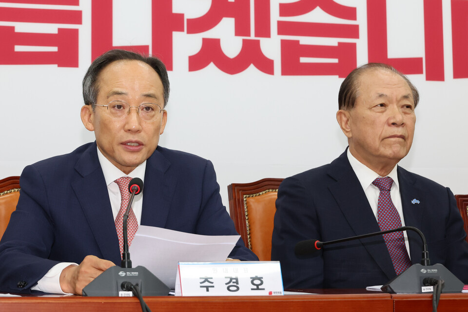 추경호 국민의힘 원내대표가 27일 서울 여의도 국회에서 열린 비상대책위원회의에서 발언하고 있다. (사진=연합뉴스)