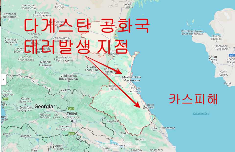 테러가 발생한 다게스탄 공화곡의 수도 마하치칼라와 데르벤트(아래) 위치(지도=뉴스프리존)