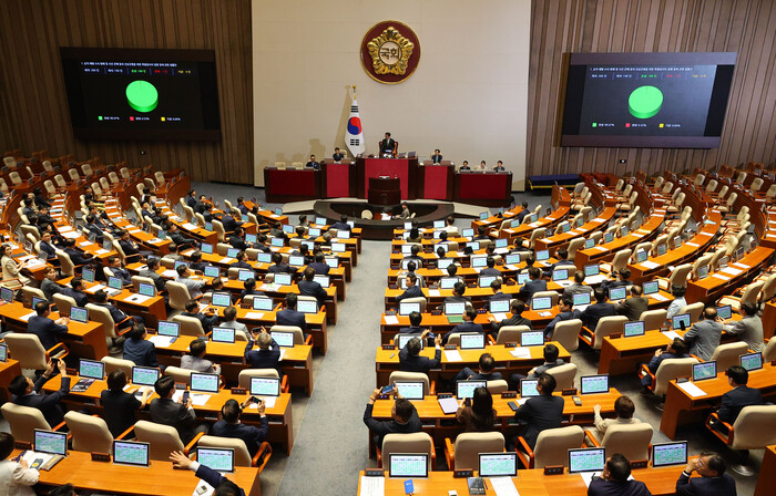 4일 국회에서 국민의힘 의원들이 퇴장한 가운데 채해병 특검법안이 찬성 189표, 반대 1표로 통과됐다.(사진=연합뉴스) 