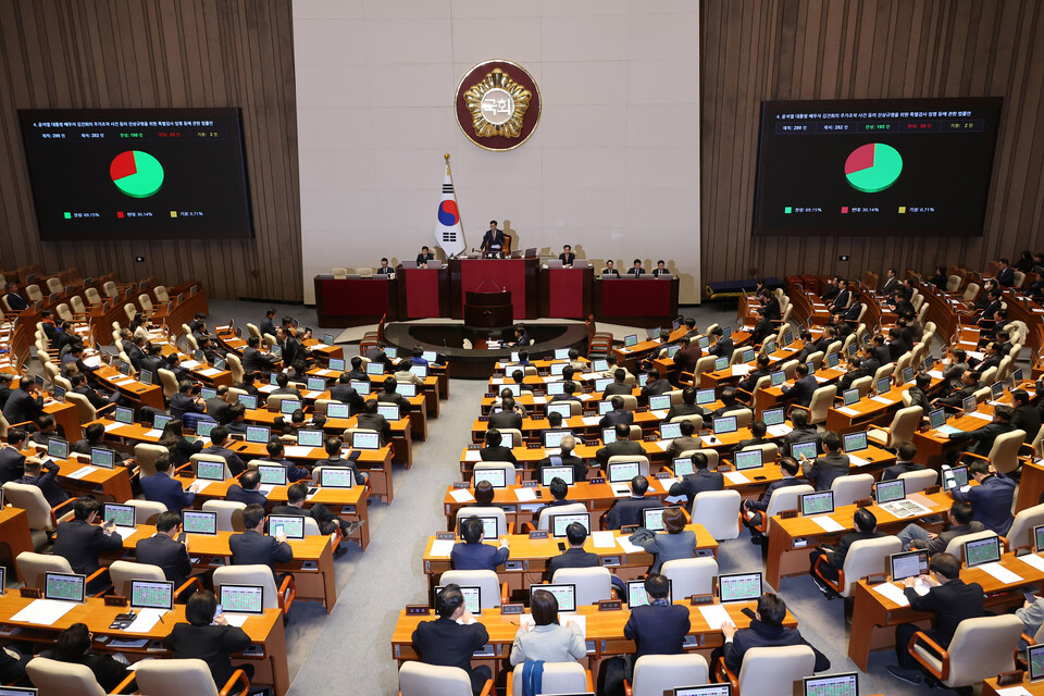 12일 오후 국회 본회의에서 '윤석열 대통령 배우자 김건희의 주가조작 사건 등의 진상규명을 위한 특별검사 임명 등에 관한 법률안'이 통과되고 있다. (사진=연합뉴스)