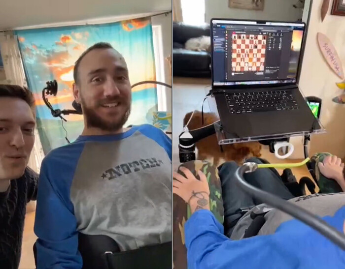 사지가 마비된 놀란드 아르보가 지난 3월20일 지인과 대화하며(왼쪽 사진) 뇌파를 이용해 체스 말을 움직이고 있다. (사진 X에 올라온 뉴럴링크 영상 갈무리)