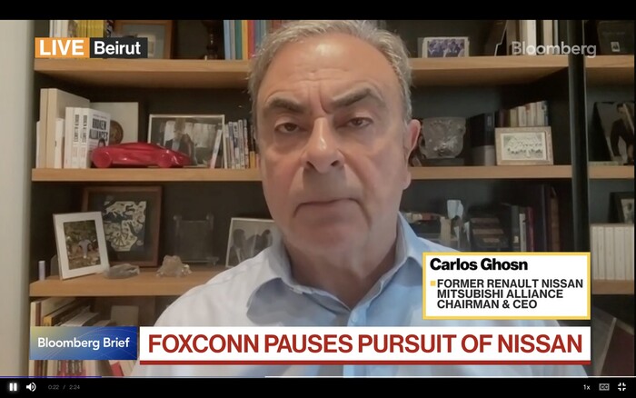 20일(현지시각) 블룸버그 TV에 출연해 인터뷰하는 카를로스 곤 전 닛산 회장(사진=블룸버그TV 캡처)