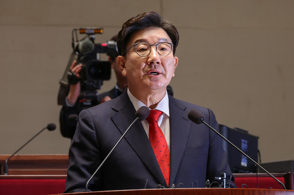 권성동 국민의힘 당대표 권한대행 겸 원내대표가 24일 오전 서울 여의도 국회에서 열린 의원총회에서 발언하고 있다. (사진=연합뉴스)