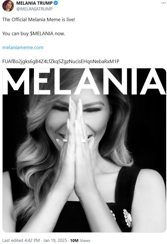 멜라니아 트럼프가 X에 올린 게시물에 "당신은 지금 멜라니아코인을 살 수 있다"고 적혀 있다. X 갈무리