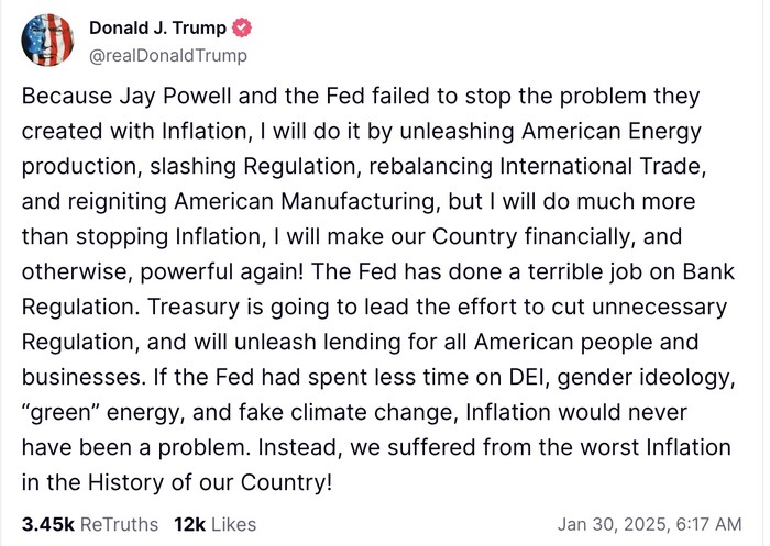 트럼프 미 대통령이 연준의 금리 동결 후 트루스소셜에 올린 글(이미지=트럼프 대통령 계정 글 캡처)