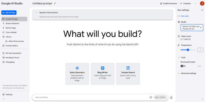 구글 제미나이 2.0 플래시 라이트와 대화하는 '구글 AI 스튜디오' 시작 화면. (사진=구글 AI 스튜디오 갈무리)