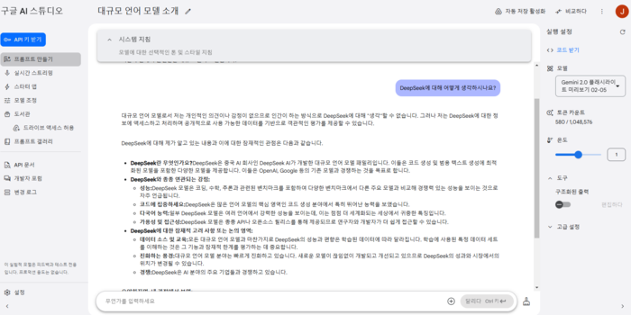 2.0 플래시 라이트에게 "딥시크를 어떻게 생각하냐?"고 물어 얻은 답이 구글 AI 스튜디오에 띄워져 있다. (사진=구글 AI 스튜디오 갈무리)