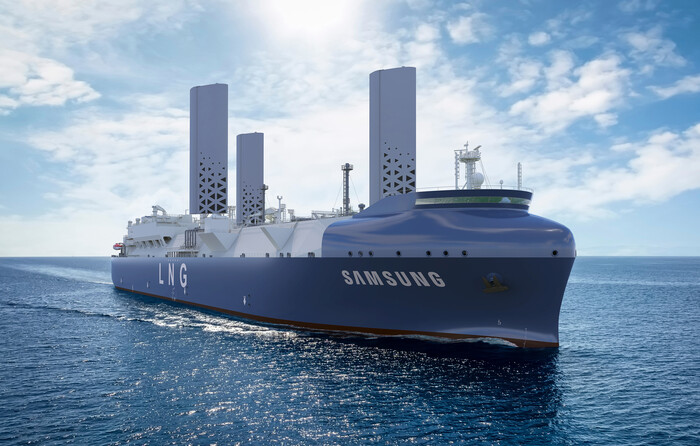 삼성중공업이 개발한 풍력 보조 추진장치 '윙 세일'(Wing Sail)을 탑재한 LNG운반선. (사진=삼성중공업 제공)