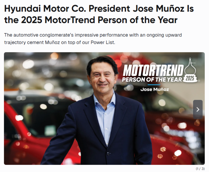호세 무뇨스 현대차 CEO를 '올해의 인물'로 뽑은 모터트렌드 기사. (사진=모터트렌드 홈페이지 갈무리)
