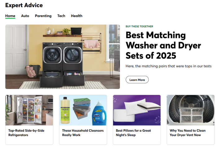 LG전자와 삼성전자가  '최고의 세탁기·건조기 세트' 평가 중 각 부문별 평가에서 1위로 뽑힌 내용을 밝힌 '컨슈머리포트' 홈페이지.